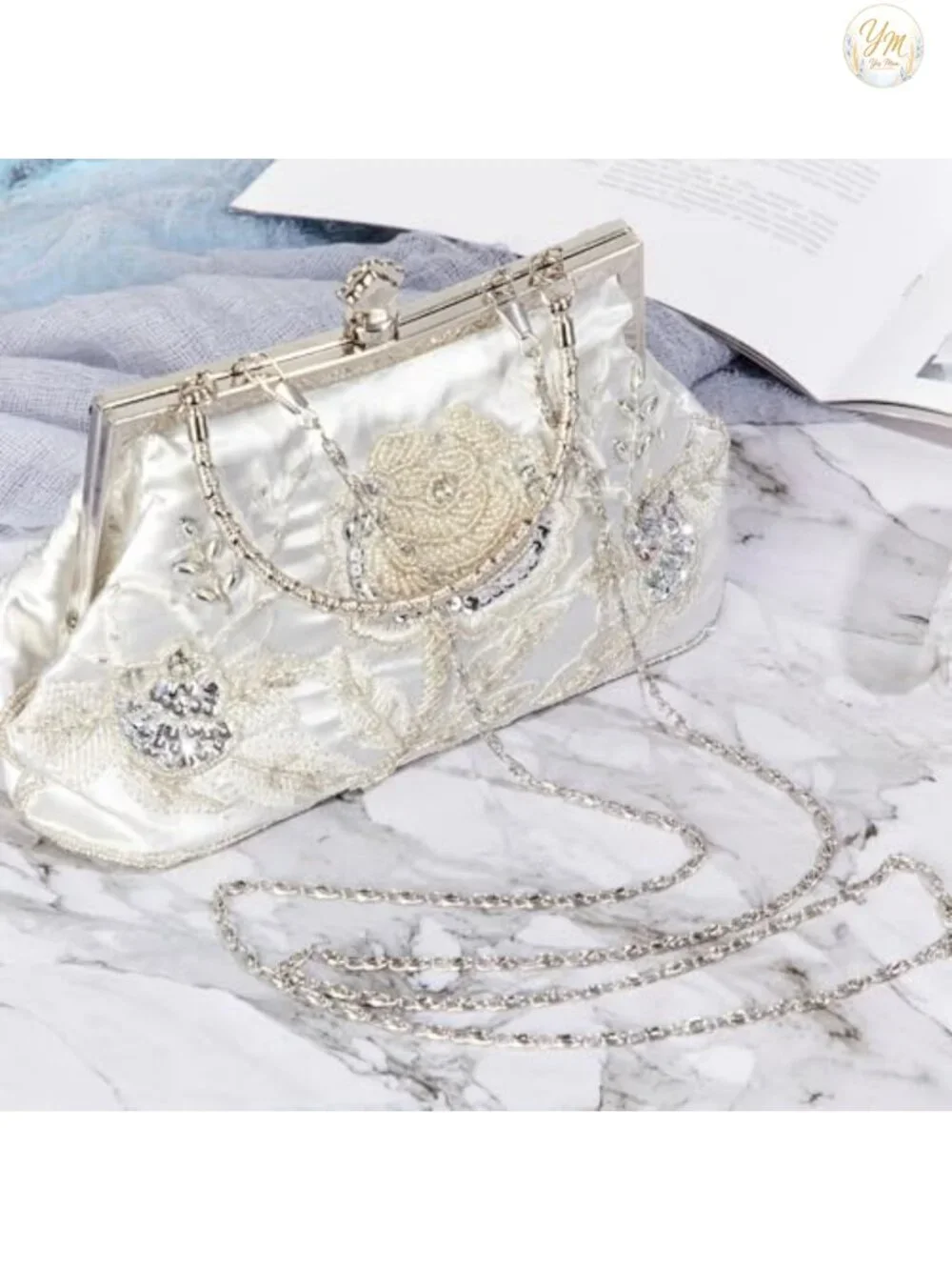 Embroidered Beaded Clutch Evening Bag with Chain